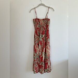 ONLY Hawaiian Midi Dress Hibiscus Floral Tiered Travel Vacation Beach Red Medium